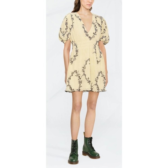 Ganni Womens Floral Print Pleated Georgette Mini Dress Pale Yellow Black Smocked - Picture 1 of 16